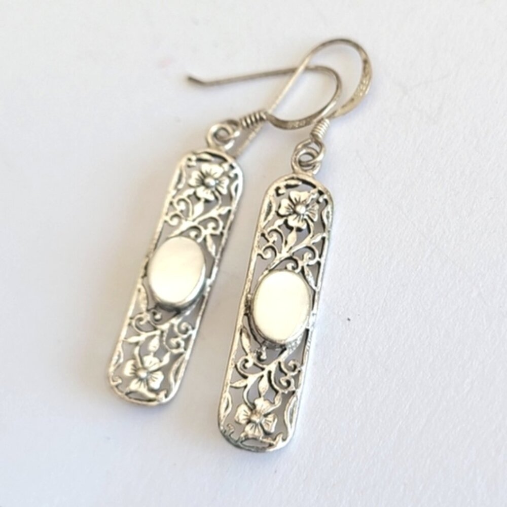 Vintage Boho Sterling Silver Pearl Long Drop Dangle Floral Filigree Earrings
